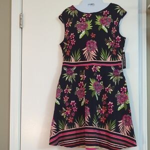 Floral Dress - Black with Pink and Green Accents